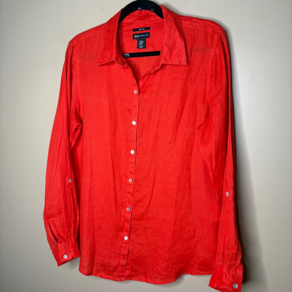 Jones New York JNY 100% Linen Roll Tab Button Down Shirt Womens Medium
